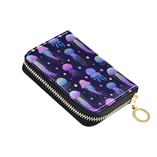 OTVEE Doodle Purple Jellyfishes Credit Card Wallet, Microfiber Leather Zipper RFID Card Case Holder for Women