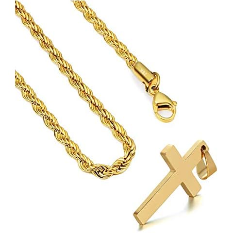 FZTN Jewelry 2mm Gold Rope Chain with Cross Pendant Necklace for Men Women 22 Inch Cover