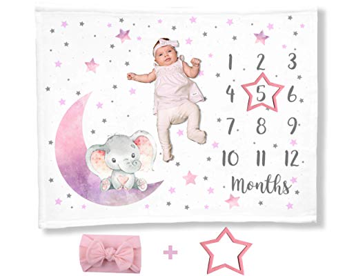 Image of Elephant Moon Baby Milestone Blanket with Headband, First Year Calendar Monthly Growth Chart, Newborn Photo Prop Mat, Baby Girl Shower Gift, Stars Nursery (Pink, Minky 50x40)