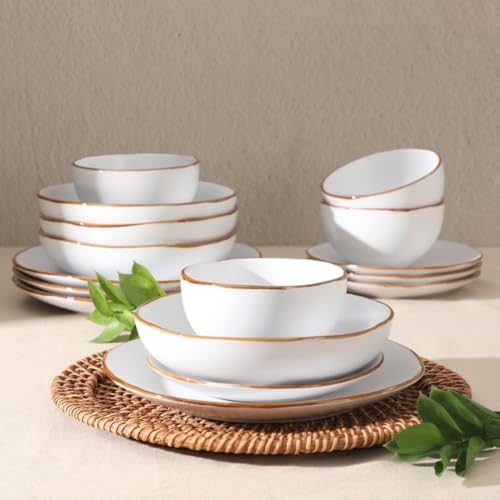 Image of Gibson Home Hazeltine 16-Piece White Stoneware Dinnerware Set - Plates and Bowls, Durable Ceramic Kitchen Dinner Set