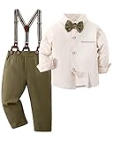 ZOEREA Toddler Baby Boy Suit Clothes Gentleman Wedding Outfits Long Sleeve Dress Shirt + Suspender Pants + Bowtie Beige 18-24 Months