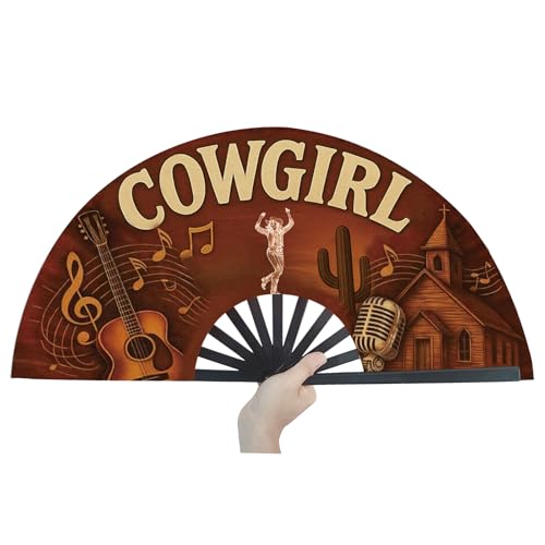 Image of Cowgirl Fans for Line Dancing, 13inch Large Hand-held Flat Fan Western Style Popping Fan for Party, Festival, Club, Dancing