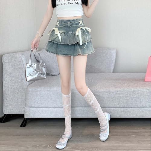 Y2K American Spicy Girl Denim Skirt, Women's Bow Low Waist Retro Pleated Skirt, Denim Cake Pleated Skirt4