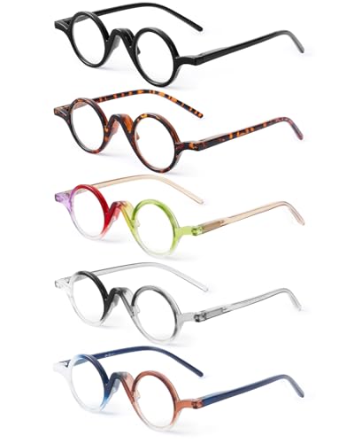JM 5 Pack Gafas de Lectura Redondas para Mujeres y Hombres, Pequeñas Gafas de Lectura para Ordenador con Bisagras de Muelle + 2.50