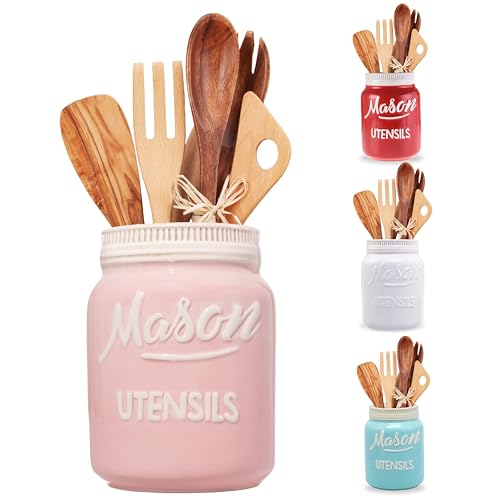 Pink Mason Jar Kitchen Utensil Holder for Kitchen Counter - Rustic Ceramic Utensil Crock for Spoons, Spatulas & Cooking Tools - Farmhouse Decor for Countertop - Unique Vintage Container and Organizer