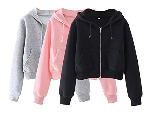 Puwei Women's Casual Zip Up Drawstring Cropped Hoodie Hooded Crop Jacket Top With Pockets (1068-01Grey-Xl) #TOP6