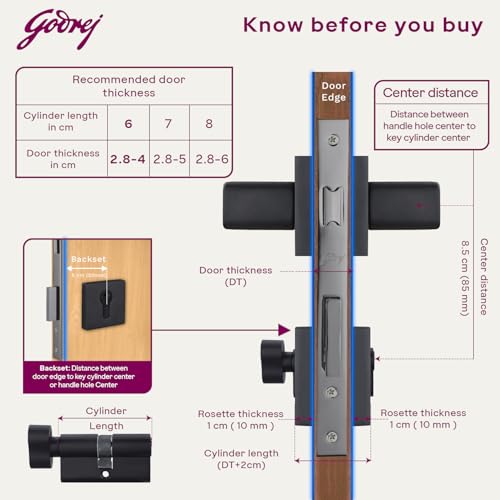 Image of Godrej Mortise Lock|Handle Lock Set for Main & Bedroom Door|HDH 07 Brass Home Decor Handle| Matte Black Finish|10 inch Lockbody|60 mm Cylinder Key Outside& knob from Inside 4 Keys |5 Years Warranty