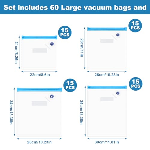 Image of 60 Pack Reusable Sous Vide Bags Vacuum Sealer for Food with 10 Sealing Clips, 4 Sizes BPA-Free Vacuum Zipper Storage Freezer Bags with Air Valve, Double Layers Leak Proof Design for Food Storage