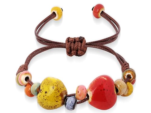 MINACHI Ceramic Beaded Bracelets for Women, Boho Style Beaded Bracelets with Colorful Heart Ceramic Beads, Adjustable Elastic Bracelets Jewelry for Women
