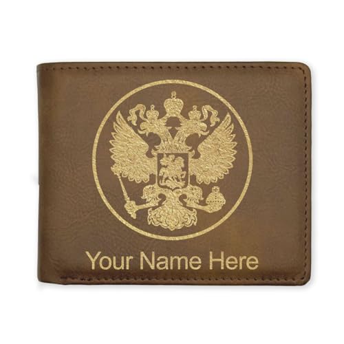 LaserGram Faux Leather Bi-Fold Wallet, Coat of Arms Russia, Personalized Engraving Included (Rustic with Gold)