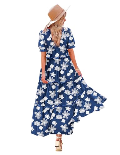 Image of YESNO Summer Casual Bohemian Floral Dresses for Women Puff Short Sleeve Long Maxi Dress with Pockets ETX