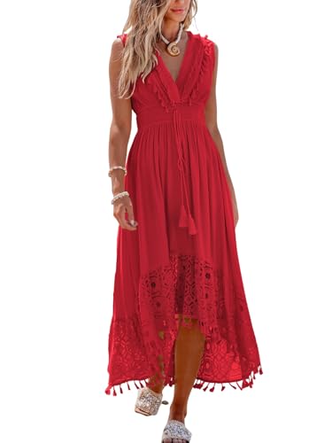 Image of CUPSHE Women's Maxi Dress V Neck Sleeveless Lace Tassel Smocked Waist Cover Up Beach Formal Long Dress