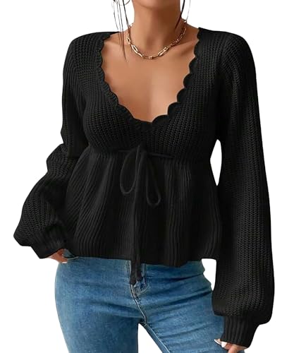 Image of BAIMORE Women's Casual Deep V Neck Drawstring Tie Front Long Sleeve Ruffle Hem Pullover Sweater