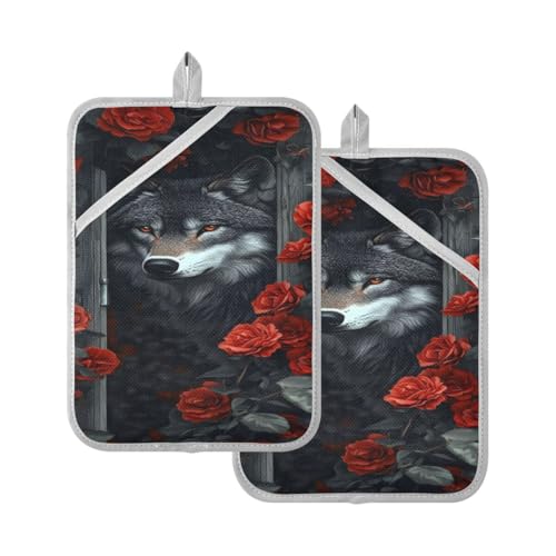 JUMBEAR Wild Wolf - Juego de soportes para ollas con bolsillo para cocina, resistentes al calor, manoplas de horno, almohadillas calientes, salvamanteles para hornear, cocinar, 7 x 9 pulgadas