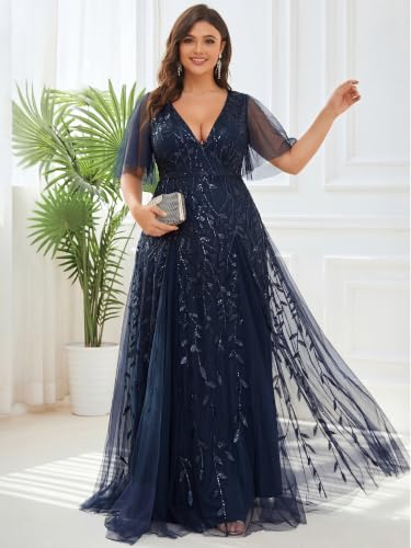 Image of Ever-Pretty Women's Sequin V Neck Plus Size Formal Dresses Evening Gown | Short Sleeve, A-Line, Empire Waist, Plus Size Mother of the Bride Dresses, Plus Size Gala Dress
