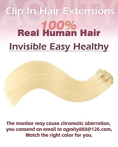AGMITY Clip in 14 Inch 110g 7pcs Real Human Hair Natural Silky Double Weft Hair Extensions (Bleach Blonde) - Image 2