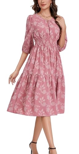 Image of Kormei Women Casual Boho Floral Round Neck 3 /4 Sleeve Smocked Waist Tiered A Line Flowy Swing Midi Dress Long Dresses