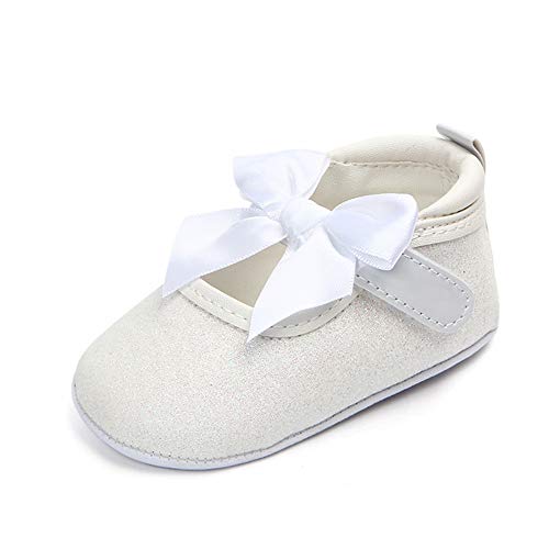 Meckior Infant Baby Girls Soft Sole Bowknot Princess Wedding Dress Mary Jane Flats Prewalker Newborn Light Baby Sneaker Shoes, 6-12 Months Infant, F05/White