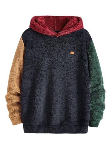 Verdusa Men's Color Block Fuzzy Fleece Hooded Sweatshirt Long Sleeve Pullover Hoodies3