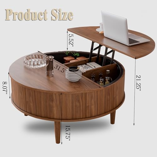 Image of Round Fluted Lift Top Coffee Table with Storage, Mid Century Modern Coffee Table for Living Room, Home Small Space,31.5 inch Fluted Center Table (Walnut, 31.5inch)