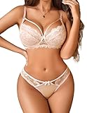 Avidlove Womens Lingerie Set Lace Bra and Panty Outfits Strappy Babydoll Wired Bra Underwear Set (Champagne, Small)