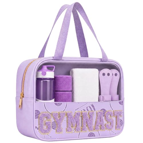 PPeen Gymnastics Makeup Bag for Girls Clear Chenille Letter Cosmetic Pouch with Zipper Portable Travel Toiletry Bag Gymnastics Gift