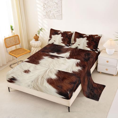 Homemissing Juego de sábanas de cuero vacuno, tamaño individual, con estampado de vaca, sábana bajera ajustable de bolsillo profundo, piel de animal de granja occidental, juego de cama suave, 3 piezas