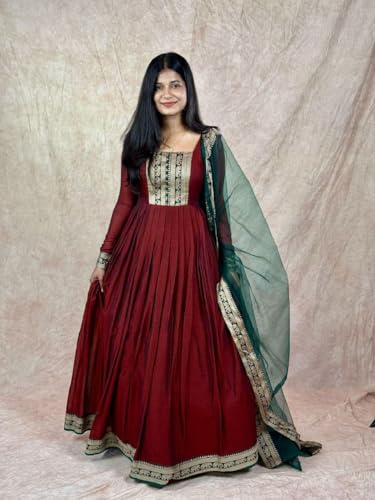Image of Elegant Vichitra Silk Gown with Jacquard Zari Border - Includes Soft Net Dupatta with Lace Trim - Parrty Wear Ethnic Dress for Women & Girls
