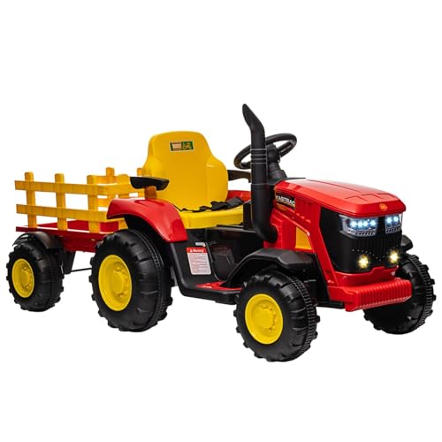 ZoomBuggy Tractor Eléctrico 12V para Niños con Remolque Desmontable, Vehículo Eléctrico con Mando a Distancia, Música, MP3 y USB, Velocidad 3,5 km/h, Soporte 30 kg, Coche Eléctrico para Niños 3+ Años