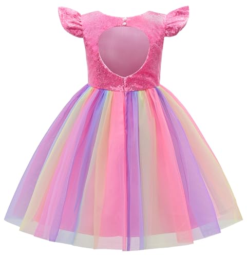 Uhnice Flower Girl Sequin Dress Rainbow Skirt with Heart Cutout for Wedding Party