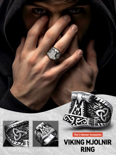 FaithHeart Norse Viking Jewelry Mens Stainless Steel Vikings Thor's Hammer/Wolf Head Ring Valknut Warrior's Gothic Jewelry-Personalized Engrave2