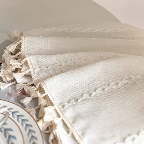 Deeprove White Boho Curtains 84 Inches Long For Bedroom, Cream Cotton Linen Geometric Embroidered Semi Blackout Bohemian Farmhouse Window Treatment Drape Handmade Tassels, 1 Panel W52 X L84 #TOP3