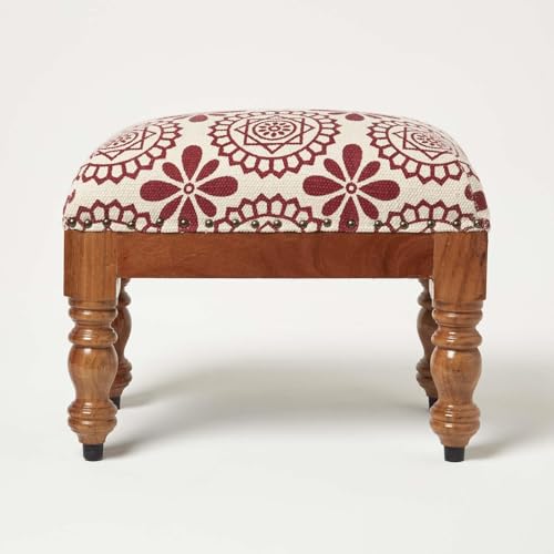 HOMESCAPES Natural and Red Cotton Footstool 50 x 30 cm Cassia Rectangle...