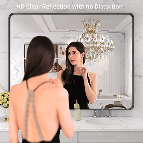 Image of LOAAO 48x36 Inch Black Bathroom Mirror Metal Framed | Matte Black, Rounded Rectangle, Anti-Rust, Tempered Glass, Hangs Horizontally or Vertically