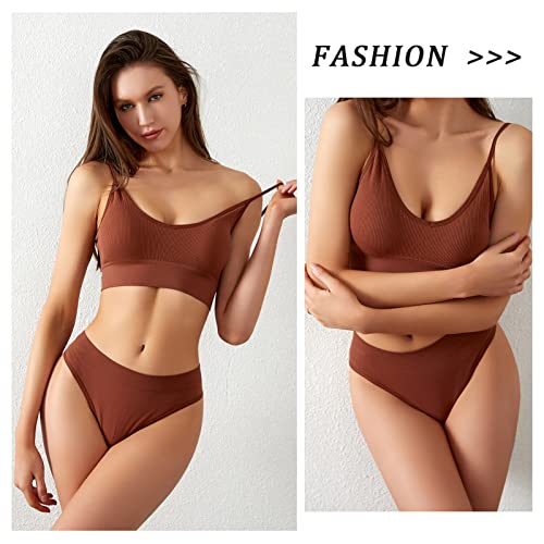 3-4 Pack V Neck Sport Bra and Thong Panties Set Cotton Push Up No Underwire Seamless Bralette for Women2
