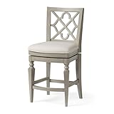 Maven Lane Highland Counter Stool 26 Inches – High Back Square Stool with Footrest – Grey Solid Wood Frame & Beige Fabric Upholstery – Perfect for Kitchen Islands & Counters