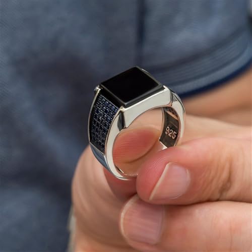 925 Sterling Silver Square Stone Men’s Ring – Handmade Statement Band with Side Accents Detailing2