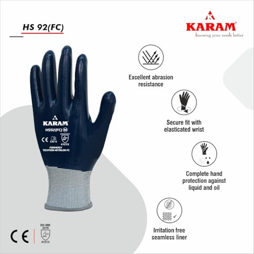 Image of Karam HS92 Nitrile Fully Coated 15 Gauge Safety Gloves | Full Hand Protection from Liquid & Oil | Abrasion Resistant Work Gloves | Size-L | Pack of 4