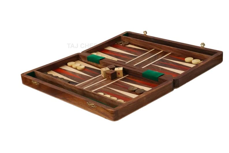 Set Backgammon pieghevole - Tavola da viaggio Backgammon in palissandro dorato da 14" (Sheesham) - Taj Chess Store