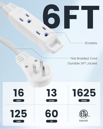 Image of SURAIELEC - 6 ft Flat Braided Extension Cord with 3 Power outlets - 360 Swivel - Braided Flat wall Socket - 16 AWG - White - for Indoor use