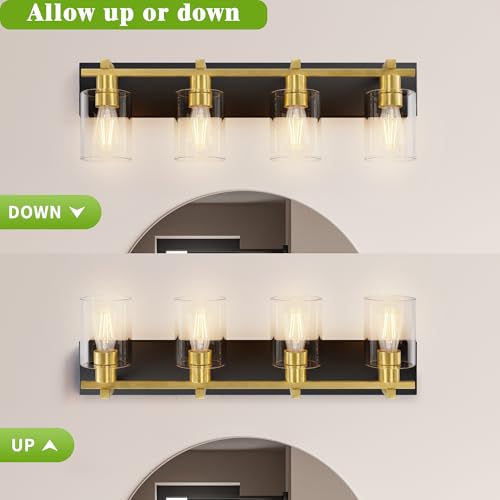 Image of Bathroom Vanity Light,4 Light Matte Black and Gold Light Fixture with Thickened Clear Glass Shade, 30 inch Modern Wall Sconce, Bathrooms Vanity Light Over Mirror for Bathroom