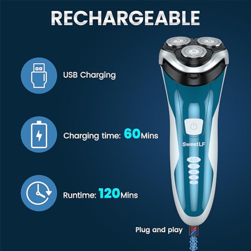 Image of SweetLF Electric Razor for Men with Pop-Up Trimmer, 100% Waterproof Electric Shaver, Rechargeable Cordless Shavers for Men, Type-C, 120Mins Runtime, Plug & Play (Dark Blue) (Blue&Silver)