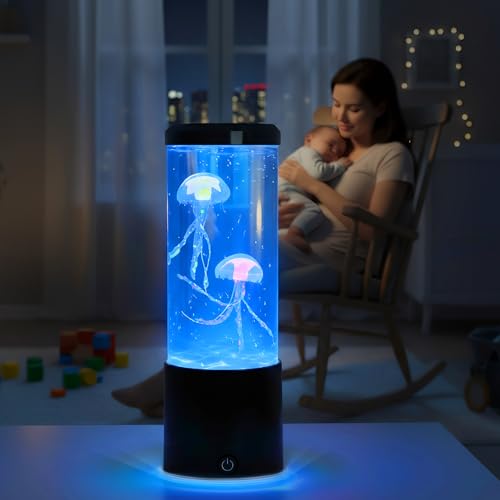 ChaneeHann Quallenlampe mit Wassersäule & Fischen, 20 cm USB-Nachtlicht mit 7 Farben, Beruhigendes Quallen-Aquarium als Deko für Schlafzimmer, Kinderzimmer & Büro