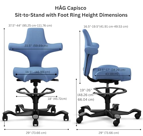 Image of HAG Capisco Adjustable Sit to Stand Desk Chair - Black Frame - Light Wash Blue Polyester Seat - with Footring