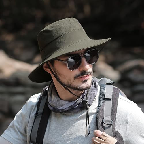 YAMEIZE Summer Waterproof UPF50+ Bucket Hat - with Strap for Women Men UV Protection Adjustable String Hat Fishing Hiking Climbing Army Green - Image 4