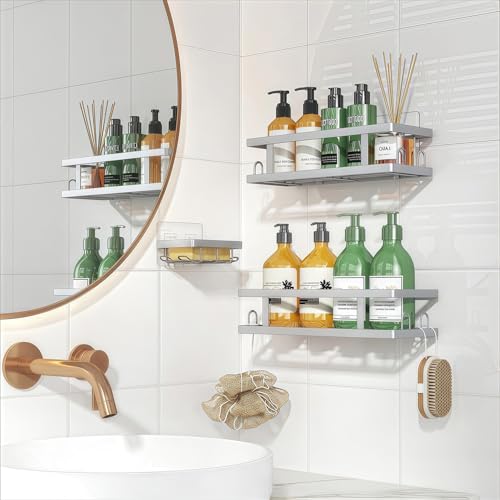 Image of Youvip Adhesive Shower Caddy, 3 Pack Shower Shelves with Soap Holder and 12 Hooks, Rustproof No Drilling Bathroom Organizer and Storage, Silver