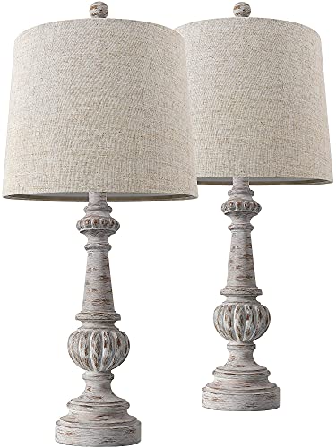 Portres 24.5'' Traditional Table Lamp Set Of 2 For Living Room Linen Fabric Lampshade Bedside Nightstand Lamps For Bedroom Kids Room Study Room Office Rustic Table Lamps Resin #TOP3