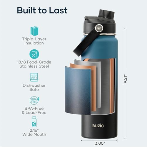 Image of BUZIO 24 oz Insulated Stainless Steel Water Bottle with Straw & Spout Lids