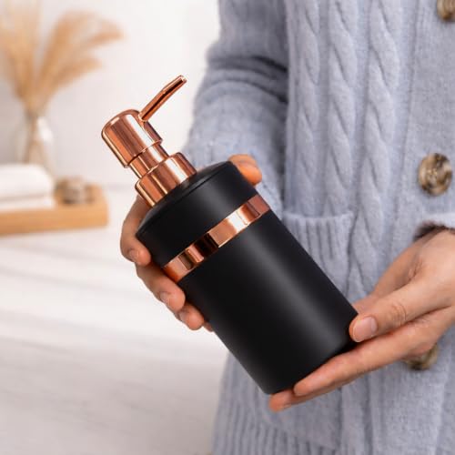 Image of Luxe Home International Rosegold & Black Plastic Soap Dispenser for Bathroom and Kitchen Sink Leak Proof Liquid Hand Wash Round Bottle Lightweight Smooth Finish (16x8 cm Rosegold & Black) Pack of 1