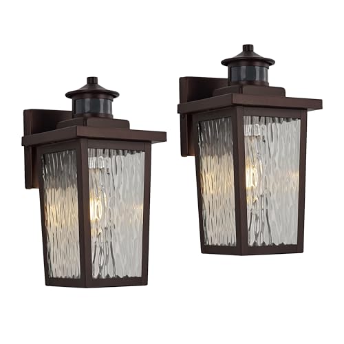 Image of Oil Rubbed Bronze Motion Sensor Outdoor Wall Light Fixture 2 Pack, Dusk to Dawn Outside Lights with Clear Water Glass, Outdoor Wall Light for House Entryway Garage